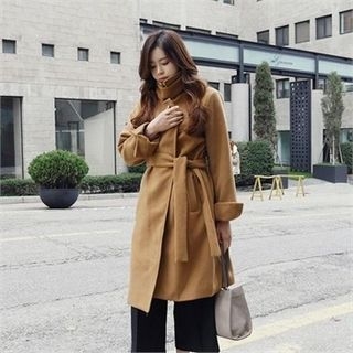 LIPHOP High-Neck Open-Front Coat with Sash