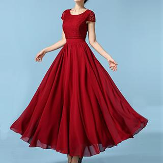 Rebecca Short-Sleeve Lace Chiffon Gown