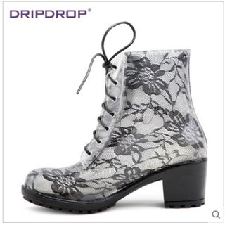 Dripdrop Chunky Heel Lace Print Rain Boots