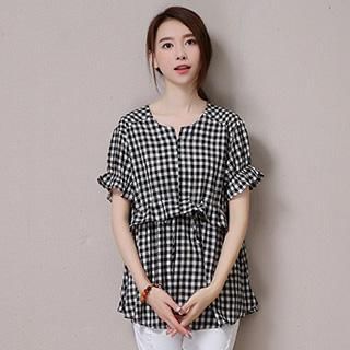 Romantica Short-Sleeve Notched-Neck Check Top