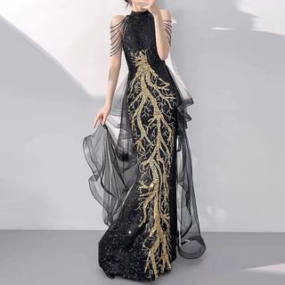 Sleeveless Mock Neck Sequined Mermaid Evening Gown