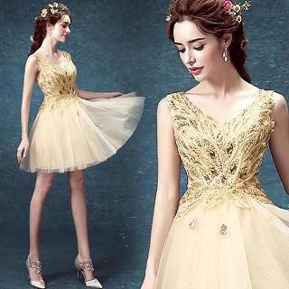 Angel Bridal Sleeveless Sequined Jeweled Party Dress