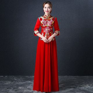 Royal Style Embroidered 3/4-Sleeve Wedding Cheongsam