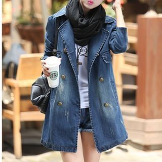 Quintess Washed Distressed Double-Breasted Denim Coat