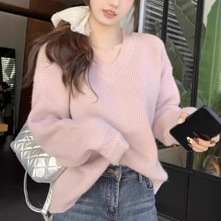 Long Sleeve V-Neck Plain Loose-Fit Sweater