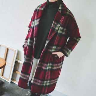 JUSTONE Drop-Shoulder Plaid Wool Blend Coat