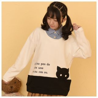 Kirito Inset Plaid Shirt Cat Print Pullover