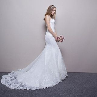 Posh Bride Strapless Lace Long Train Wedding Dress