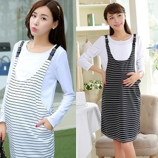Mamaladies Maternity Set: Long-Sleeve Top + Striped Belted Jumper Dress