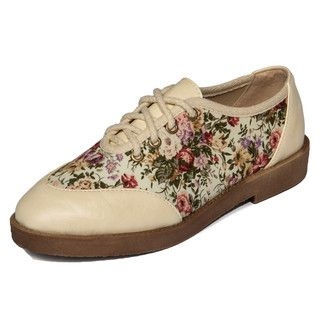 yeswalker Faux Leather Panel Floral Lace-Up Flats