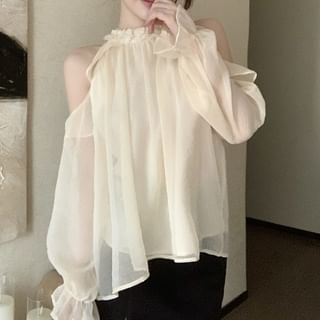 Long-Sleeve Cold Shoulder Sheer Plain Blouse