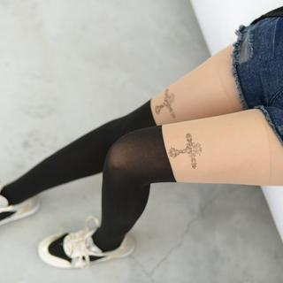 59 Seconds Cross Print Two-Tone Stockings Black and Nude - One size