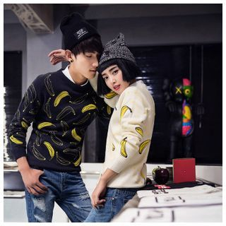 Simpair Matching Couple Banana Embroidered Sweater