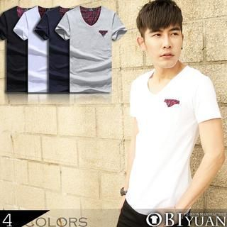 OBI YUAN Check Panel V-neck T-Shirt