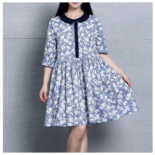 Clover Dream Floral Print Elbow-Sleeve Dress