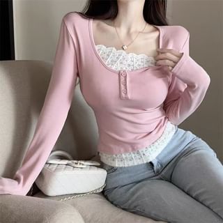 Mock Two-Piece Long-Sleeve Henley Lace Panel Slim Fit Tee