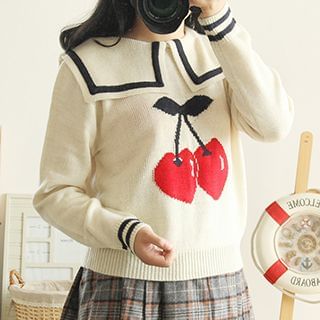 Miss Honey Cherry Print Collared Sweater