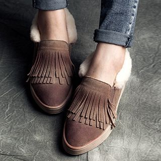 MIAOLV Genuine Leather Fringed Shearling-lined Slip Ons