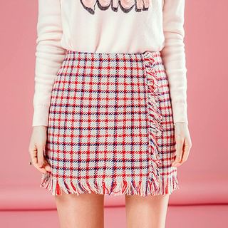 chuu Fringed Plaid Mini Wrap Skirt