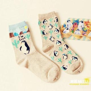 MITU Set of 2 : Penguin Printed Socks Penguin - One Size