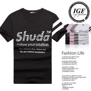 I Go Fashion Short-Sleeve Striped Lettering T-Shirt