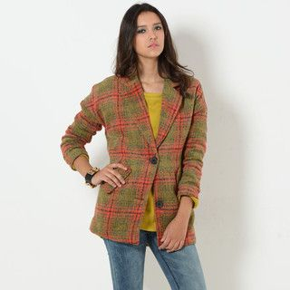 YesStyle Z Drop Shoulder Plaid Coat Chartreuse and Orange - One Size