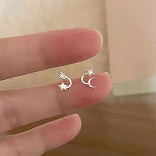 Asymmetrical Rhinestone Moon Star Stud Earring 1 Pair - Silver - One Size