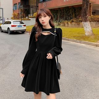 Long-sleeve Cutout Velvet Mini A-line Dress
