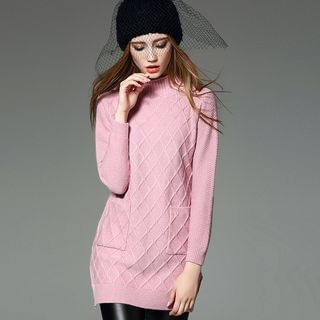 Y:Q Textured High-Neck Long Knit Top