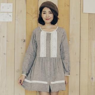 Tokyo Fashion Long-Sleeve Lace-Appliqu  Buttoned Dress