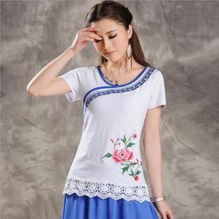 Sayumi Short-Sleeve Lace-Trim Embroidered Top