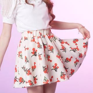 Tokyo Fashion Elastic-Waist Floral A-Line Skirt