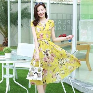 AiSun Printed Chiffon Midi Dress