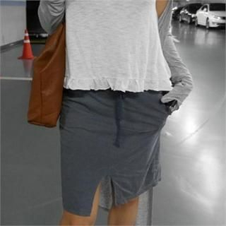LIPHOP Drawstring-Waist Slit-Front Skirt