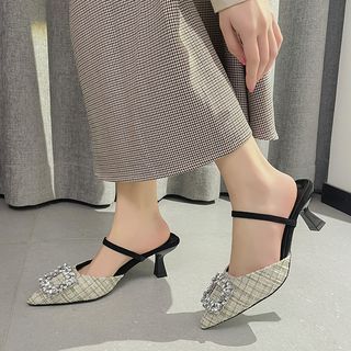 Pointed Rhinestone Kitten Heel Sandals