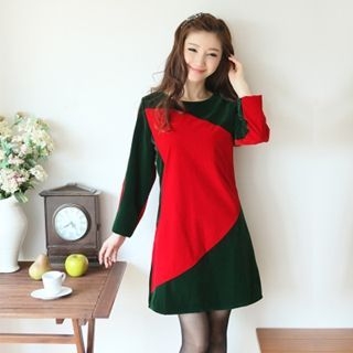 XINLAN Long-Sleeve Contrast-Color Dress