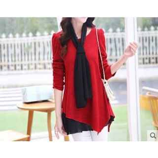 Sienne Chiffon Underlay Long-Sleeve Top with Scarf