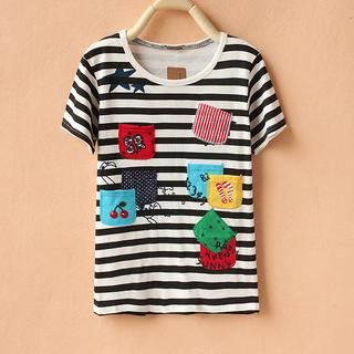 Cute Colors Short-Sleeve Appliqué Striped T-Shirt