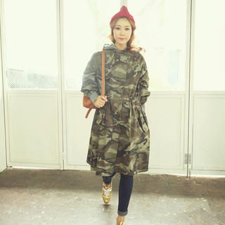 Hooded Drawstring-Waist Camouflage Coat