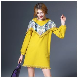 Elabo Long-Sleeve Patterned Frilled Dress