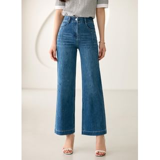 Bead-Flower Semi-Wide Jeans