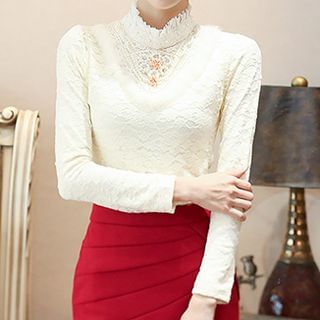 lilygirl Long-Sleeve Stand Collar Lace Panel Blouse