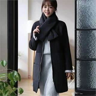 ode' Wool-Blend Knit-Panel Coat with Scarf