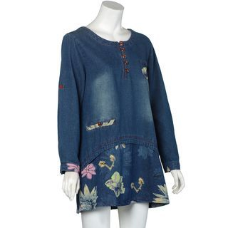 Blue Rose Flower Print Long-Sleeve Denim Dress