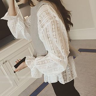 Cloud Nine Set: Long-Sleeve Lace Blouse + Frilled Wool Vest