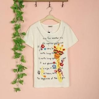 Cute Colors Short-Sleeve Giraffe Applique T-Shirt