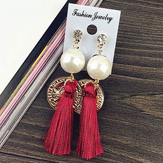 Aokuna Faux Pearl Rhinestone Disc Tasseled Earrings