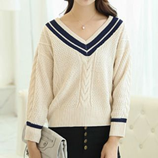 Jolly Club V-Neck Contrast-Stripe Cable-Knit Sweater