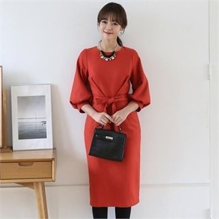ode' Puff-Sleeve Wool Blend Shirred Dress with Belt