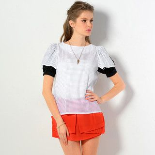 YesStyle Z Contrast Sleeve Gingham Top White - One Size